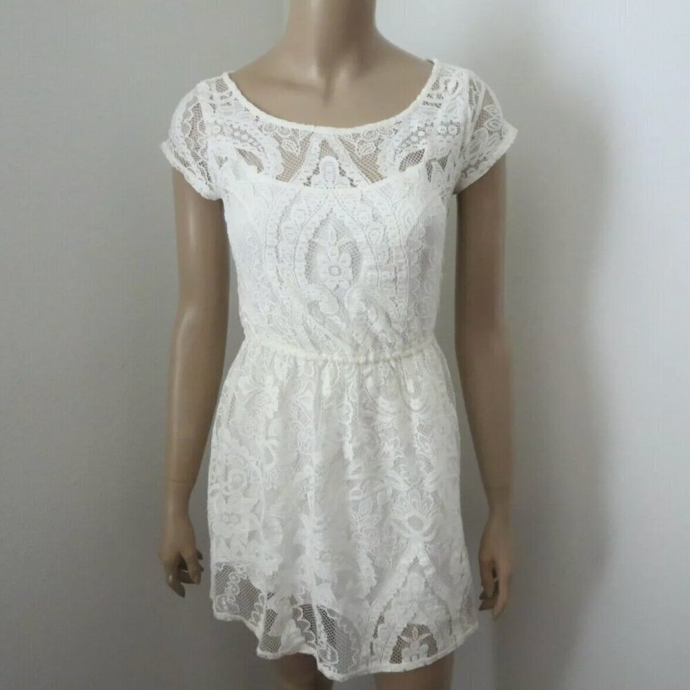 NWT Hollister Womens White Lace Overlay Dress Scoop Neck Size XS Short Sleeve